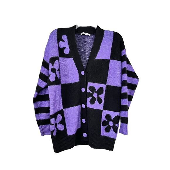 Zara Purple Black Checkered Flower Jacquard Knit Oversized Cardigan Sweater S - Picture 4 of 9